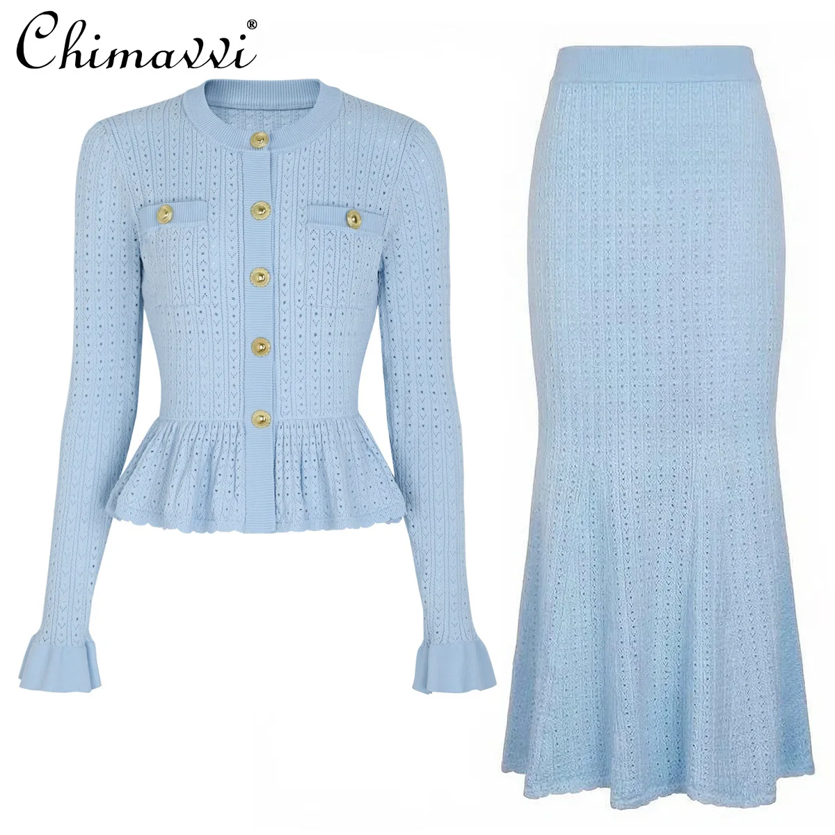 

2025 Spring and Autumn New Fashion Long Sleeve Knitted Cardigan Jacket + Long Skirt Set Elegant Women's OL Two-Piece Set