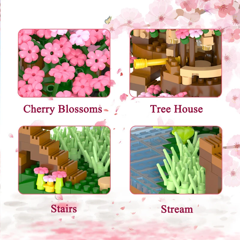 Sakura Flower Treehouse DIY Model Micro Building Block, decoraciones interiores, vista de calle creativa, ladrillo, flor de cerezo, juguete para