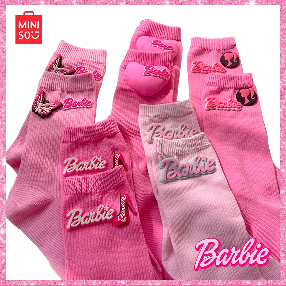 Miniso Barbie Pink Heart 3D Filled Cotton Knitted All Seasons Socks Kawaii Colorful Mid-Calf Socks Girls Birthday Gift