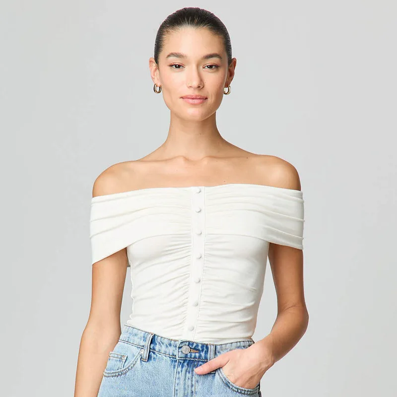 

off the shoulder t shirt women clothing summer solid color pleated short sleeve wrapped crop tops open back streetwear tshirts
