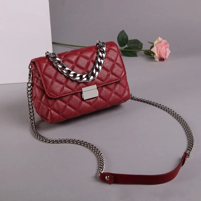 Women Shoulder Bag 2024 PU Leather Purses and Handbags Female Fashion Casual Solid Color Diamond Lattice Chain Square Bag