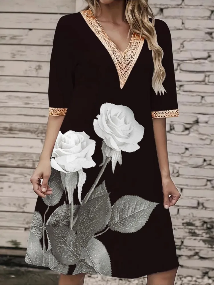 فستان نسائي جديد لربيع وصيف محبوك مطبوع مع دانتيل مثير بياقة على شكل حرف V فضفاض وأكمام قصيرة متوسط الطول #2