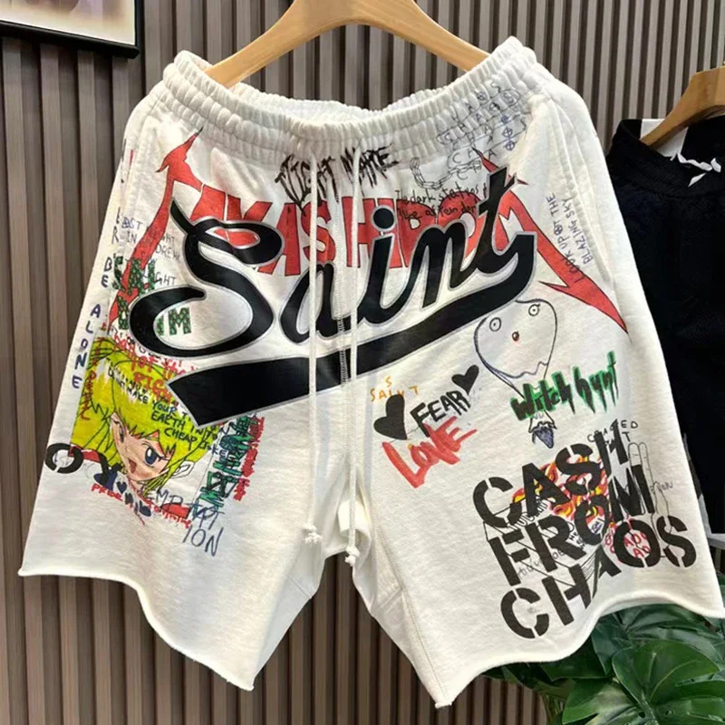 

Cartoon Graffiti Printing SAINT Breeches Men Woman 1:1 Good Quality Drawstring Casual Oversized Vintage Shorts