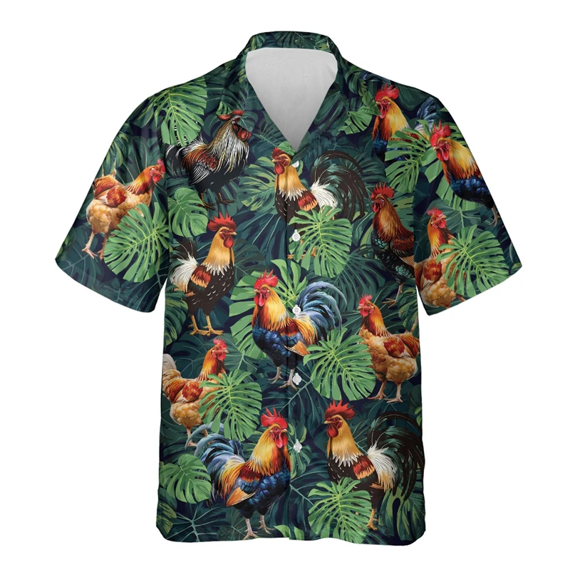 Kemeja Hawaii pria, pakaian ayam jantan tekstur warna-warni kerah lengan pendek mode Streetwear 3D dicetak kasual