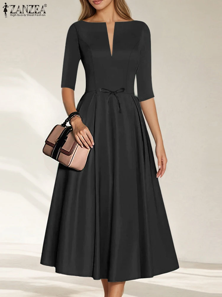 ZANZEA レディースエレガントなサテンミディドレスファッション V ネック 3/4 スリーブハイウエストスイングローブファム通勤固体 A ライン Vestidos