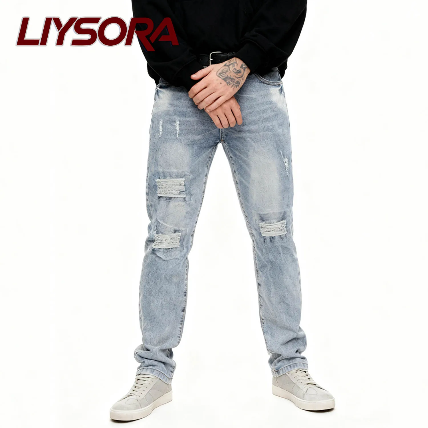 جديد الرجال مايكرو مطاطا مستقيم الساق الدنيم السراويل نحيل رجال الأعمال السراويل سستة المألوف تنوعا الجينز ممزق الدينيم