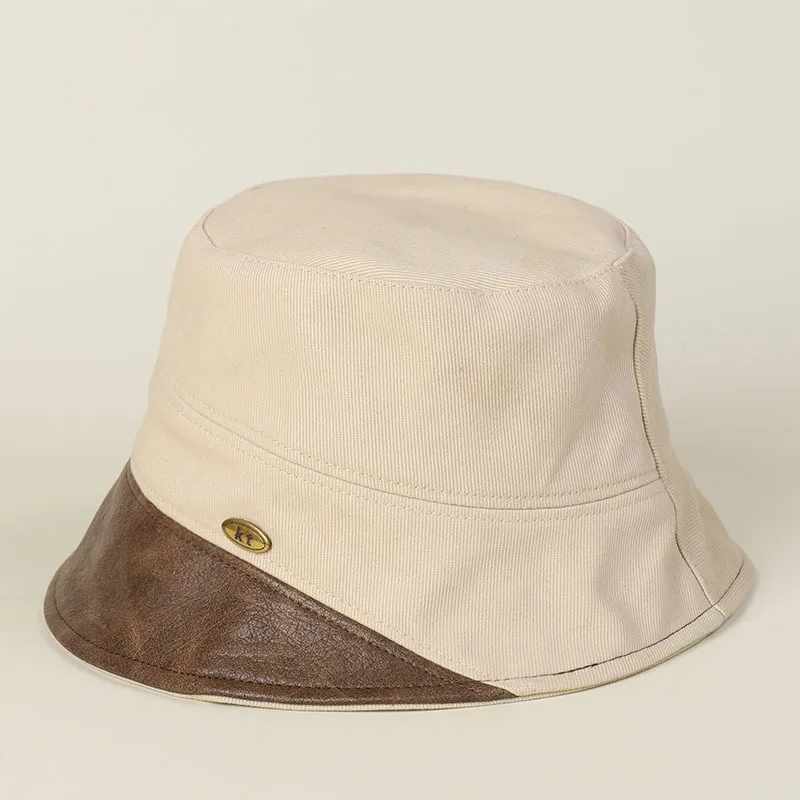 パッチワークコットンバケットハット女性夏の日焼け防止フィッシャーマンキャップレザーつば非対称ショートバックワイドつばビーチパナマ