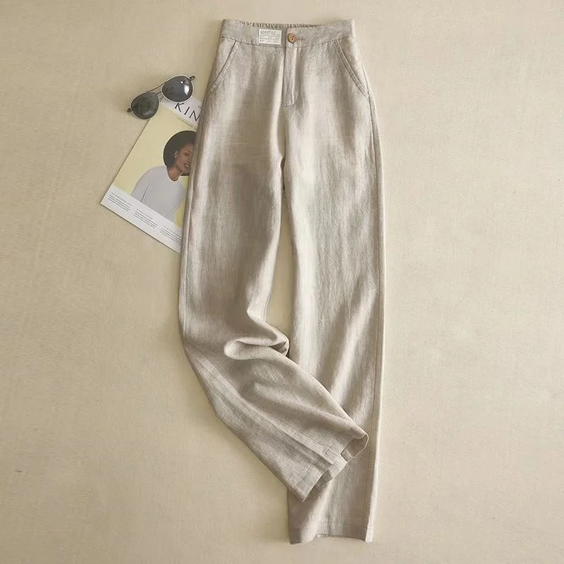Retro Wide-leg Pants for Women with High Waist Drooping Cotton Linen Straight Trousers