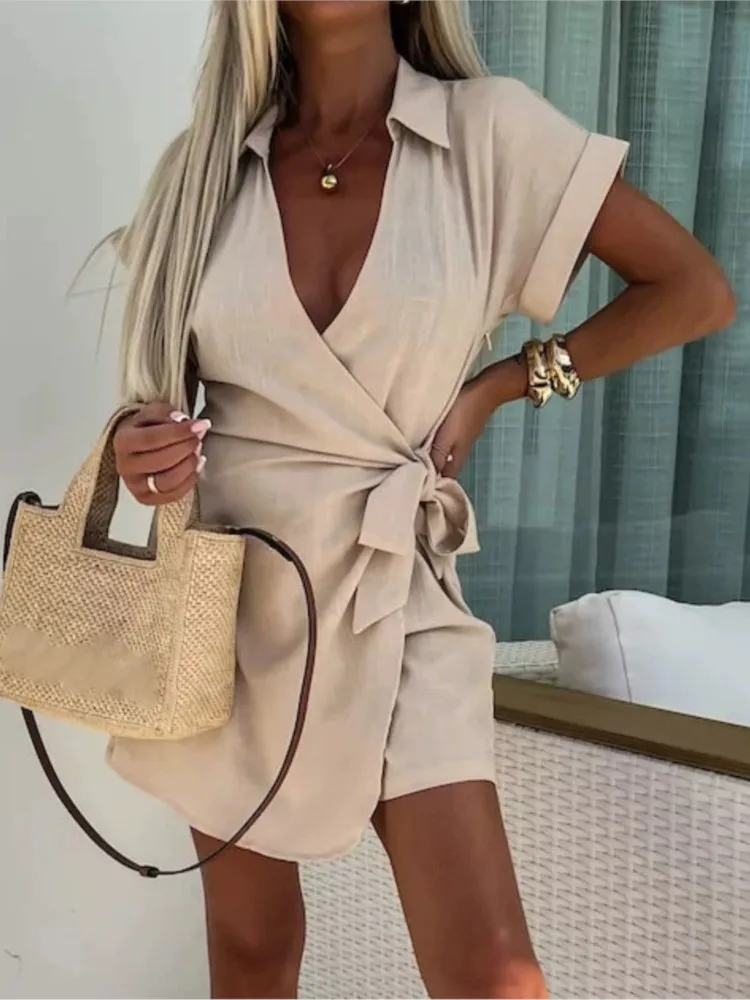 

Модные однотонные шорты, комбинезон, женские повседневные комбинезоны с коротким рукавом и v-образным вырезом на шнуровке для женщин, элегантная праздничная женская одежда Y2k