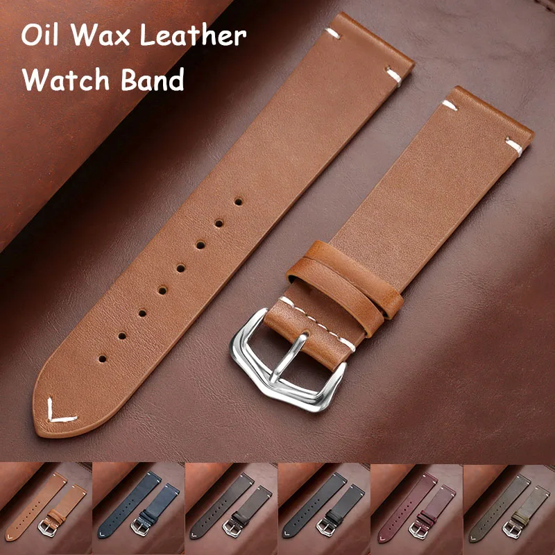 Premium Oil Wax Leather Watch Band 18mm 19mm 20mm 21mm 22mm 24mm High Quailty Vintage Cowhide Strap Hand-Stitched Retro Bracelet