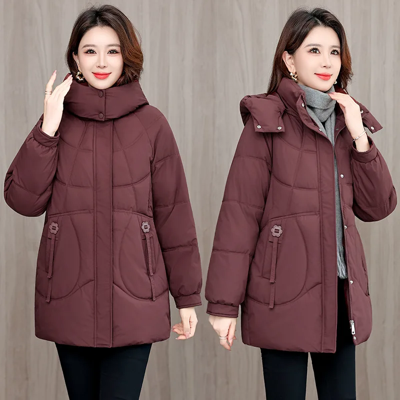Hooded Parkas Coats Women Mid Lenth Jackets Solid Zipper Pocket Button Long Sleeve Wide Waist Loose Fit Thick Casual 2025 Winter
