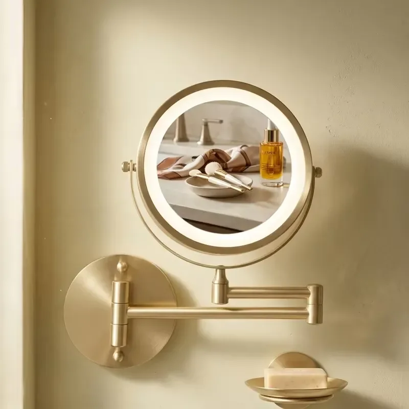 for Personalized Round LED Lighted Cosmetic Mirror Double Sided Magnifying Foldable Wall Mounted Chrome Plated Surface
