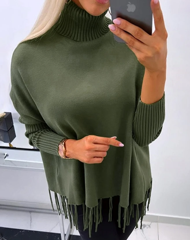 Women's Chic Sweet Sweater 2024 Summer Autumn Latest Turtleneck Long Sleeve Tassel Design Knit Sweater Solid Pullover Loose Top