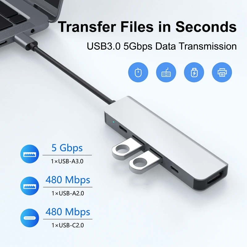 

Многопортовый адаптер USB-C 5-в-1 с поддержкой HDTV 4K30Гц, портами USB-A и Type-C для передачи данных, 100W PD, USB-C адаптер для MacBook, iPad, iPhone
