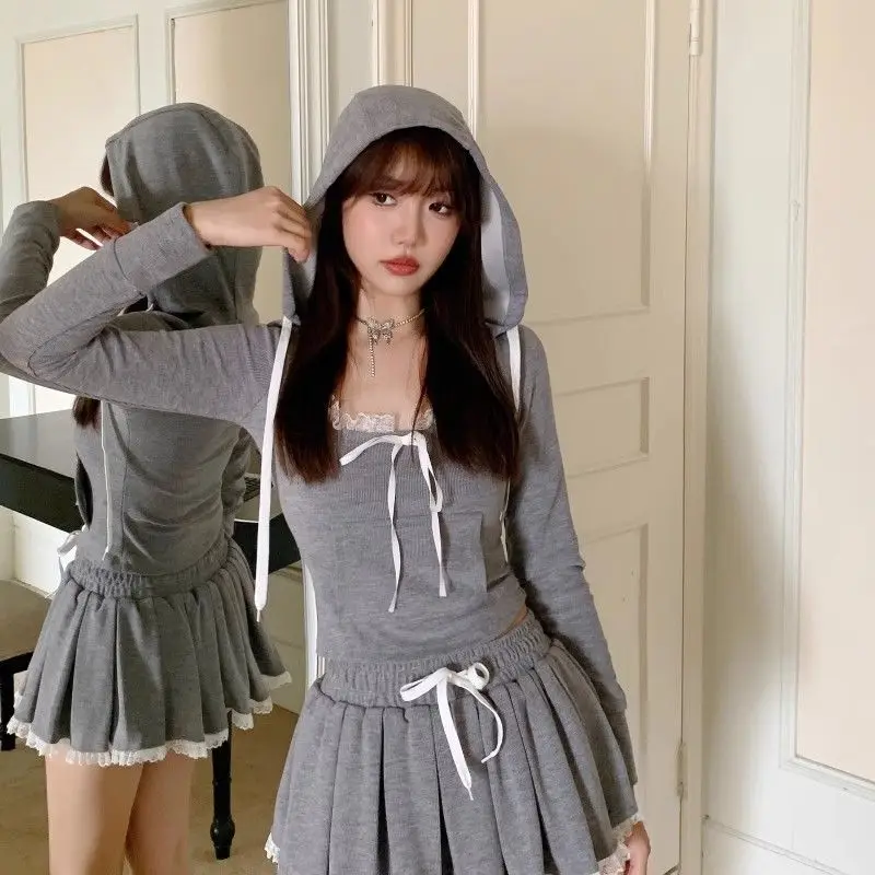 

Y2k 2-piece Set Skirt Sets Women Lace Patchwork Hooded Sweatshirt Mini Skirt Lace Streetwear Slim A-line Skirt Long Sleeves Top