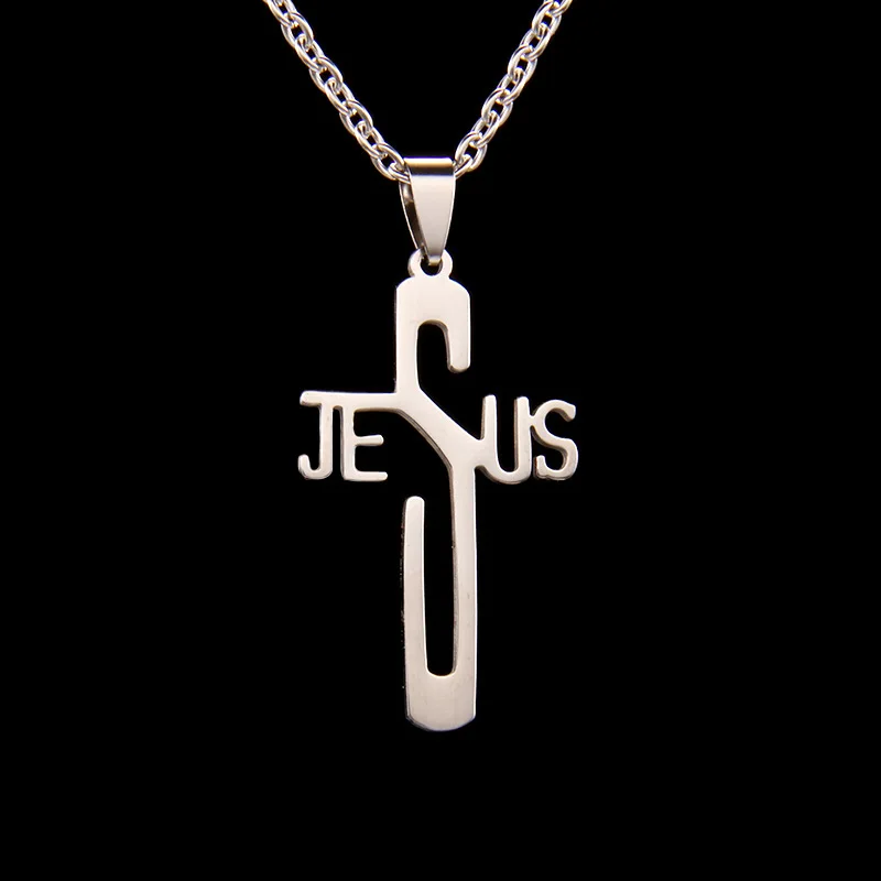 Silver Color Letter Necklace For Women Men Stainless Steel JESUS Cross Pendant Necklace Christian Jewelry