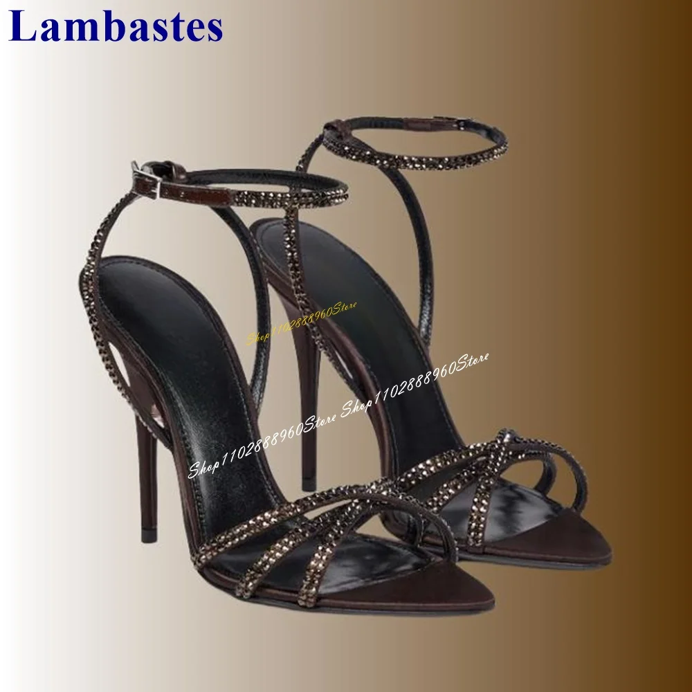 Sandales à Talons Hauts et Fins avec Bande Croisée pour Femme, Chaussures Noires avec Décor en Clip, Accessoire à Rinçage Ouvert, Collection 2024