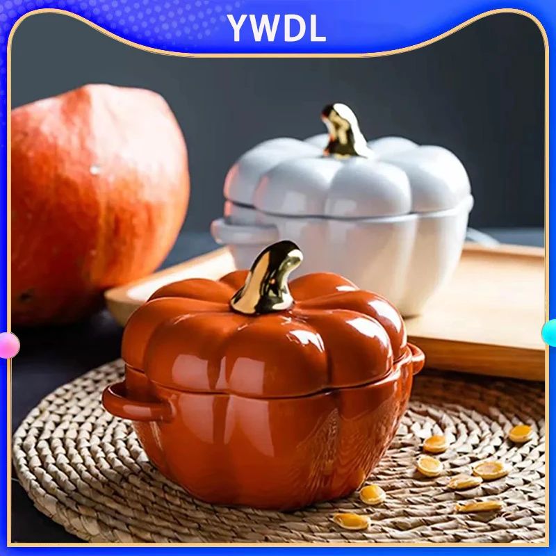 

YWDL Pumpkin Ceramic Bowl With Lid Microwave Bakeware Oven Baking Kitchen Halloween Party Festival Decoration ramen Cereal Bowl