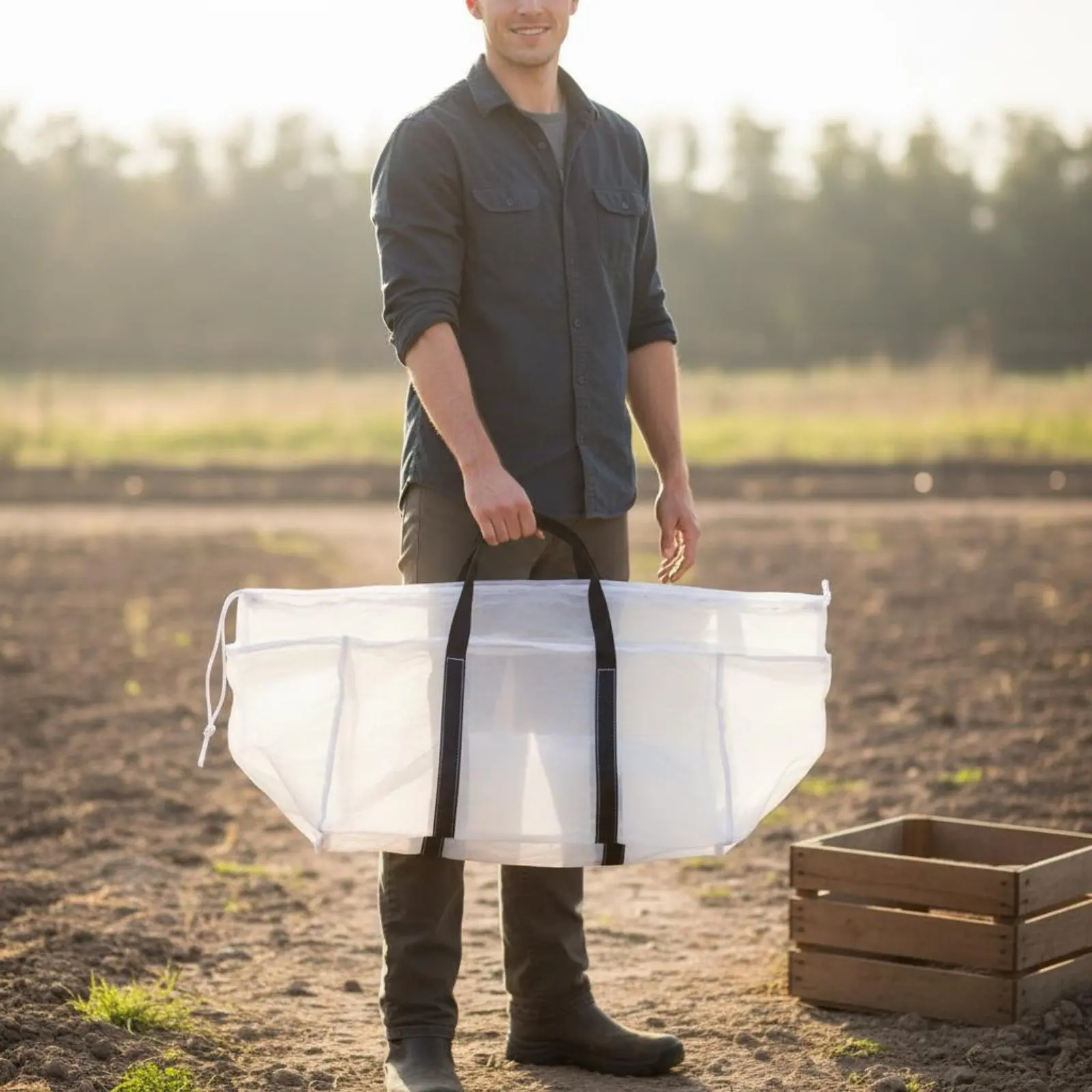 

Sturdy Duty Harvest Bag Wide Opening Quick Drain Sieve Bag Drawstring Mesh Crate Liner Utility Container for Farmers, Harvesting