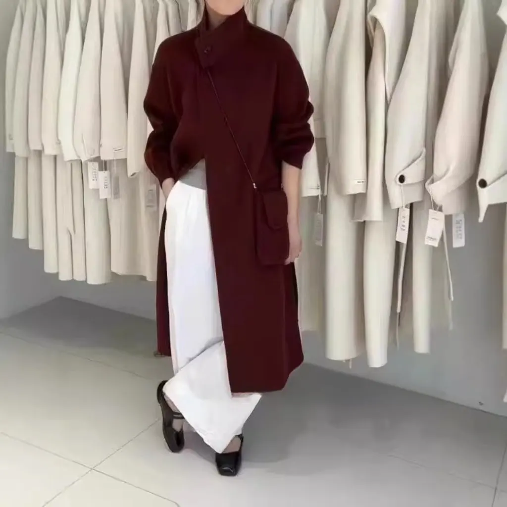 

Women's Slim-fit Wool Coat Vertical Collar Double-sided Design Complimentary Crossbody Small Bag Age-reducing Mid-length