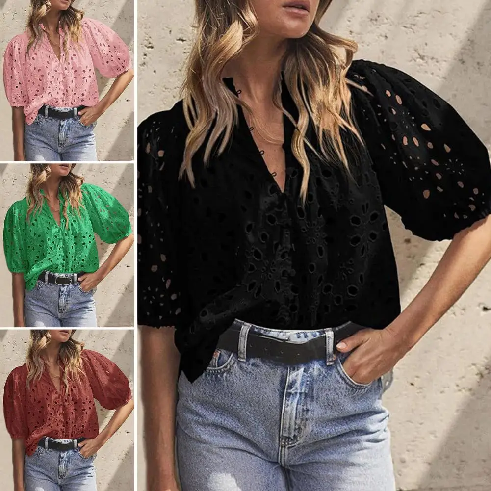 Women Lace Shirt Hollow Out Embroidery Blouse White Green Rose Pink Summer 2023 New Clothing Modern Girl Blusa Tops