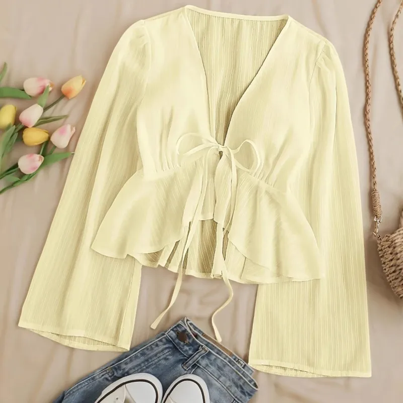 

Spring Fall Blouses Women's Simple Elegant Chiffon Shirt Straps Fashion And Versatile Long-sleeved Cardigan Top Shirts Women