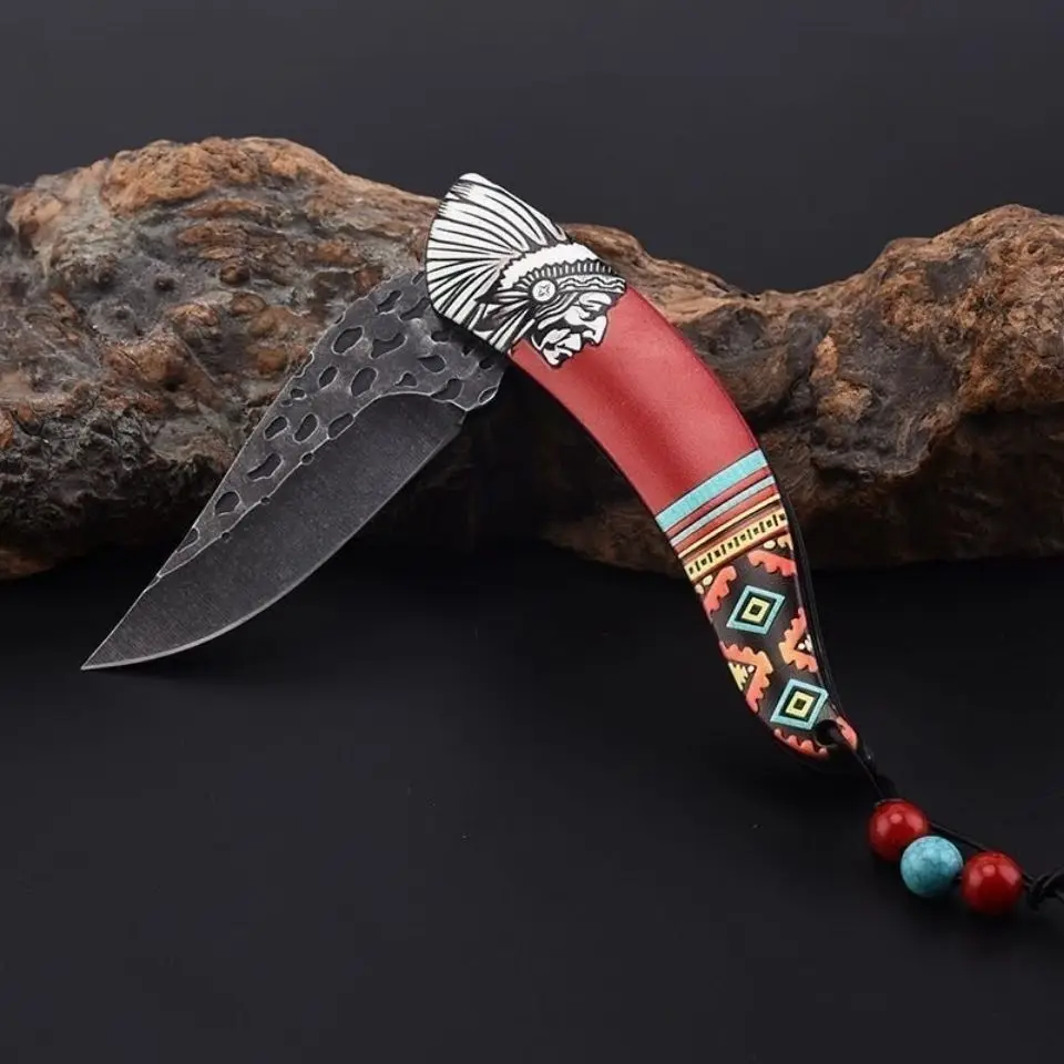 Outdoor retro art folding knife, high hardness outdoor survival knife, Indian retro art folding knife, multi-purpose fruit knife