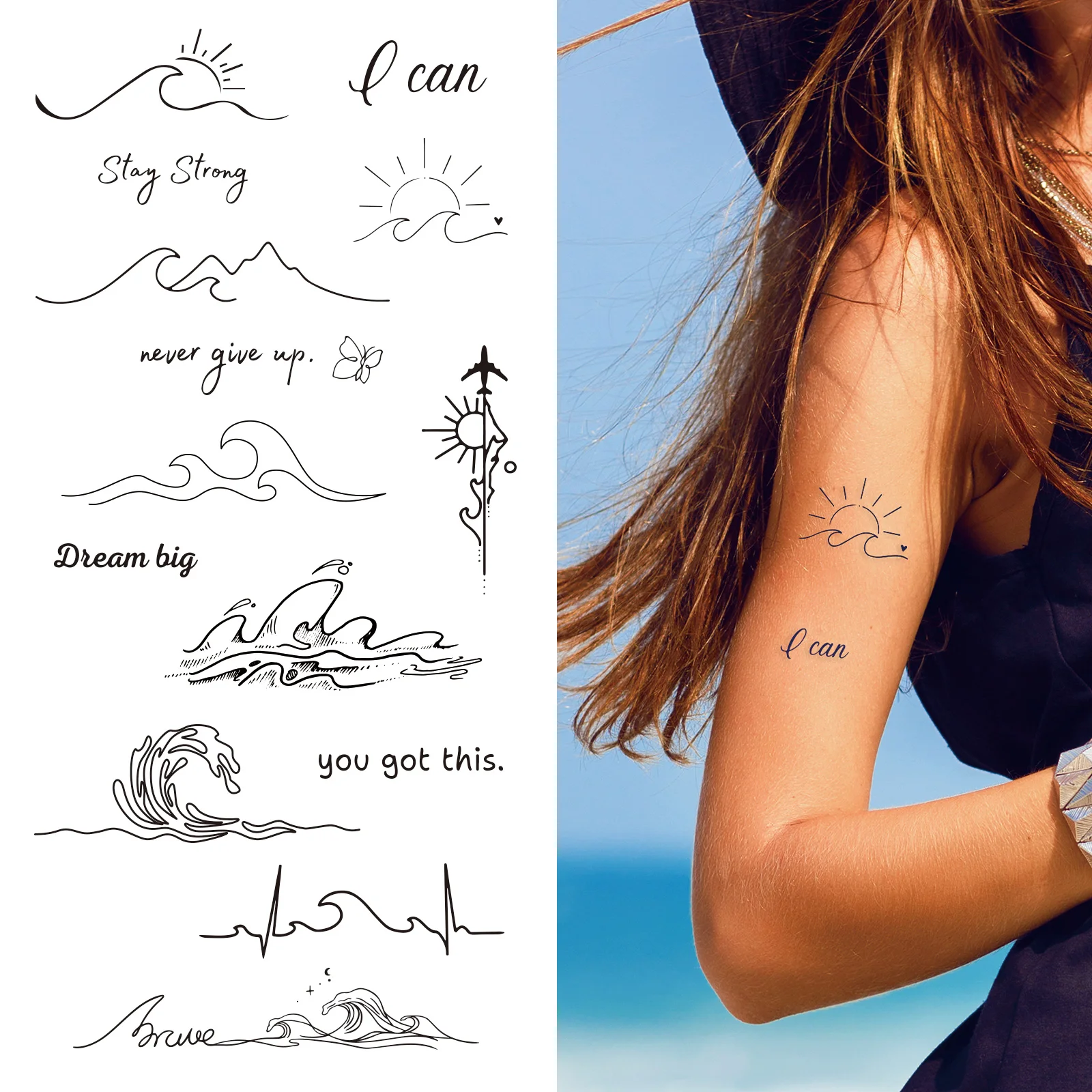 2pcs Simple Sketch Mountain Waves Temporary Tattoo Stickers Waterproof Black Line Peak Waves Design Men Women Arm Hand Tattoo