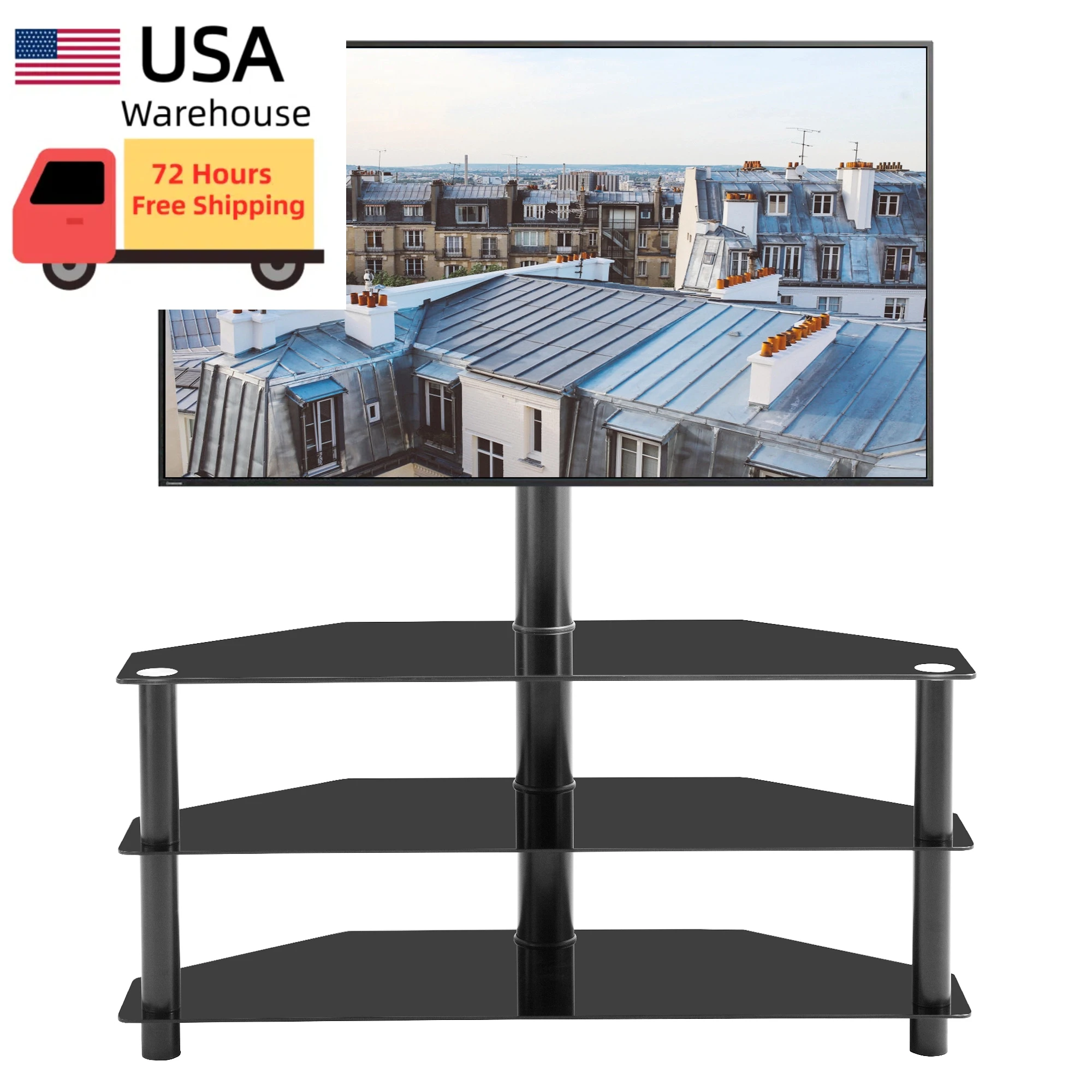 

New Arrivals TV Stand with Tv Bracket 3 Shelves Tempered Glass and Metal Frame TV Mount Free Shipping's Items