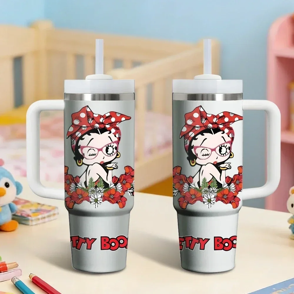Cartoon B-Betty Boop Vacuum Flasks 40oz Stainless Steel Insulated Tumbler with Handle & Straw Leakproof Travel Mugorders for other colors will be shipped randomly in black or white
