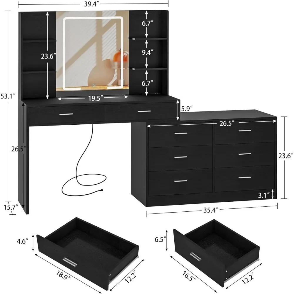 Dressing Table with LED Illuminated Mirror and Power Socket, Drawers and Open Shelves image 6