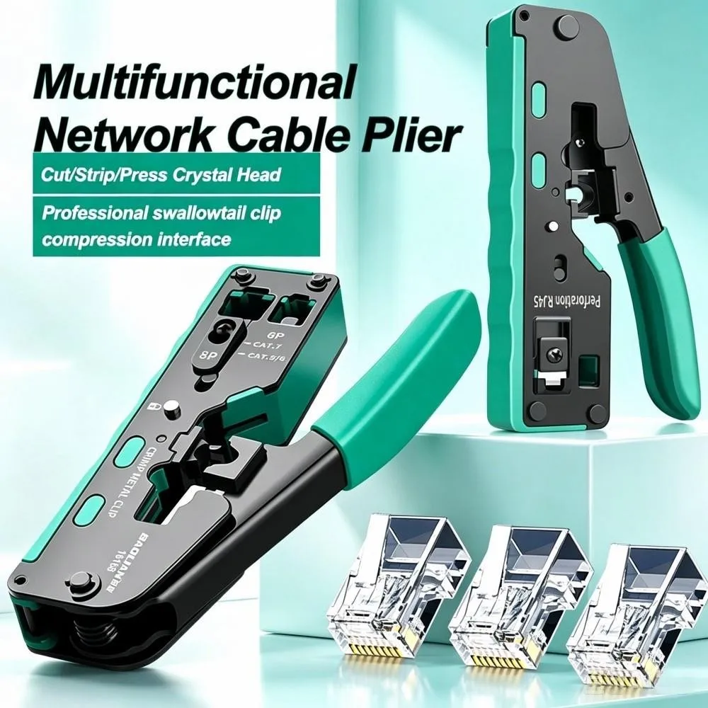 RJ45 Pass‑Through Crimping Tool, 8P/6P Network Cable Crimper Stripper Cutter Plier for Cat5e Cat6 Cat6A Cat7 RJ11 Connectors