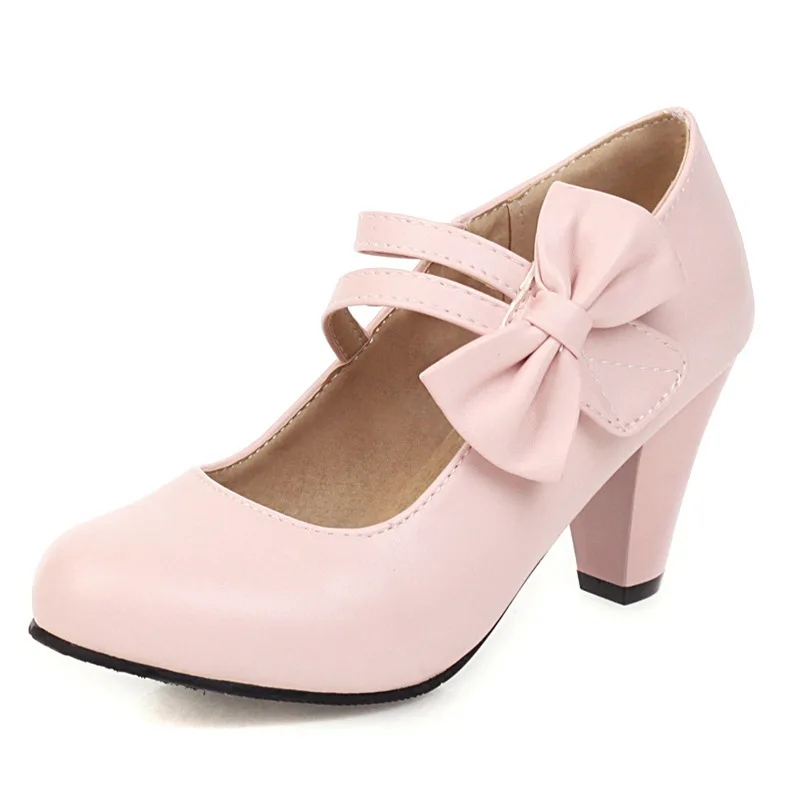 

Women's Shoes Classic Round Headed Thick High Heel Small Leather Shoes Sweet Style Bow Mary Jane Shoes High Heeled Single Shoe