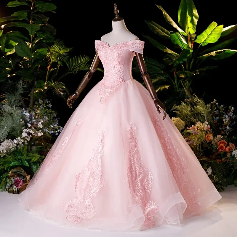 

Pink Off-Shoulder Quinceanera Dresses Vestidos De 15 Anos Applique Floor-Length Masquerade Birthday Party Gowns