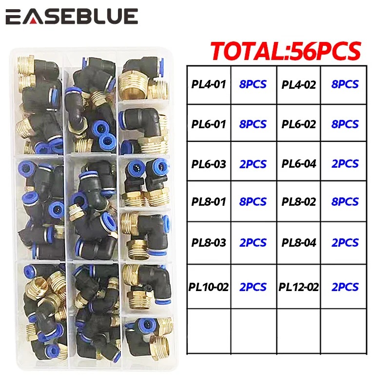 56PCS BOX PL8-02 PL10-02 PL6-02 PL12-02 Pneumatic Connector PL Trachea Elbow Air Fittings Hose Connectors Square Thread