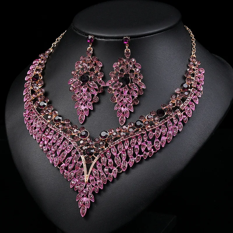 Costume Jewelry Set Prom Bridal Elegant Long Drop Earrings and Matching Purple Crystal Rhinestone Choker Necklace for Women