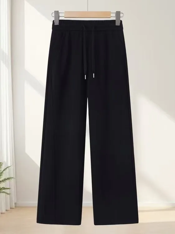 Fall Winter plus Size Women's Wide Leg Pants Elastic Waist Drawstring Loose Fashionable Straight Cut Mommy Style Clothing
