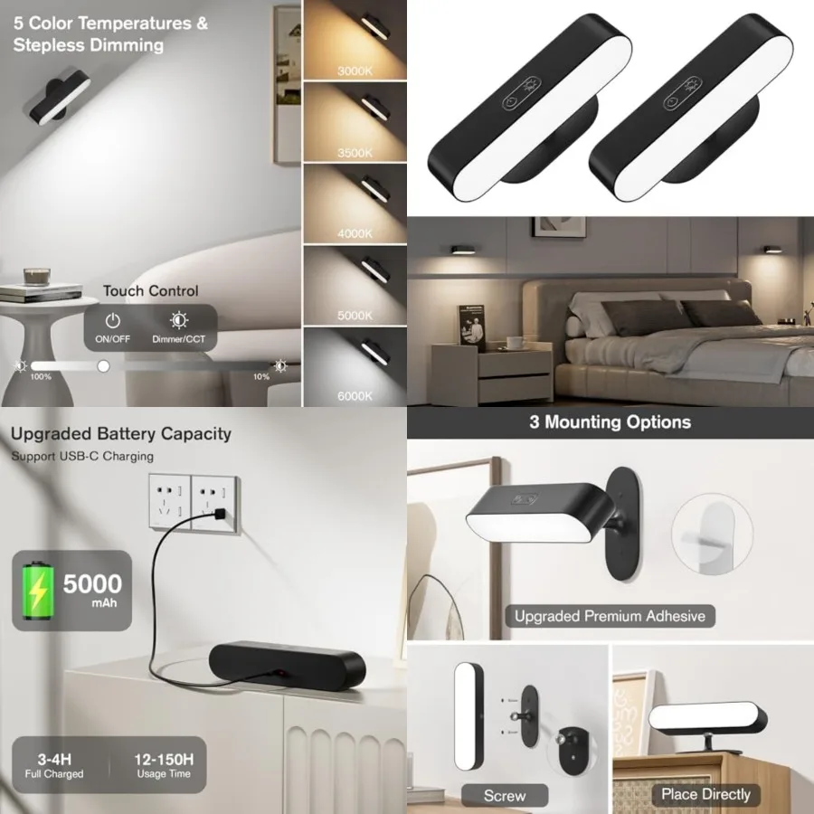 Wireless Battery Operated Wall Sconces for Bedroom, LED Rechargeable Wall Sconce Set of Two for Living Room, Stick on Wall Moun