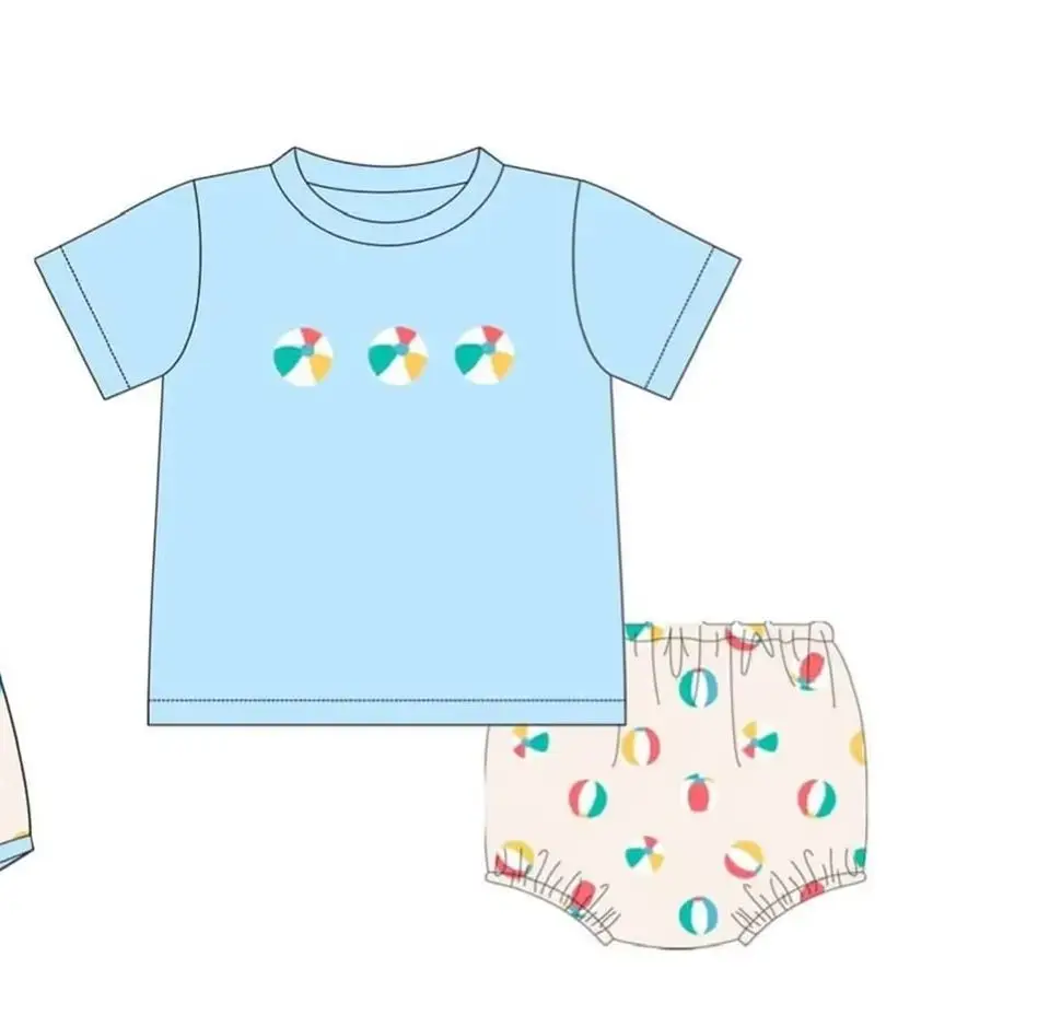 Toddler Kids Beach Ball Outfit Blue Tee Dress Bloomers Cute Summer Baby Girl Boy Vacation Clothes Set - view 5