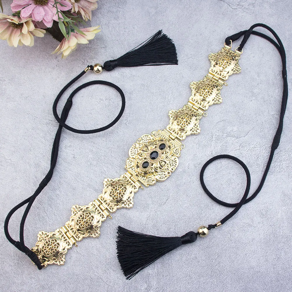 Sunspicems Chic Morocco Caftan Waist Belt Hand Rope Chain Long Tassels For Women Arabic Bridal Wedding Jewelry Gold Color Bijoux