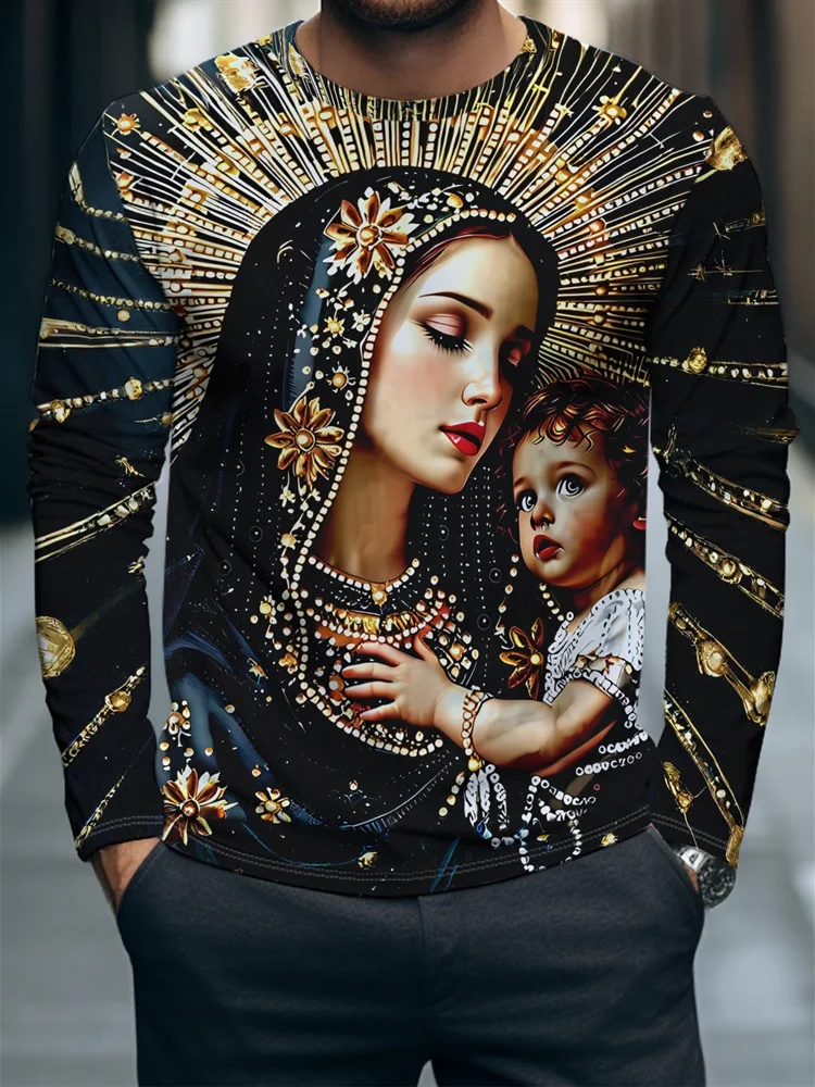 Men's Virgin Mary Baby Jesus Long Sleeve T-Shirt Gold Black Catholic Christian Religious Graphic Tee Pullover Tops Gift New Hot