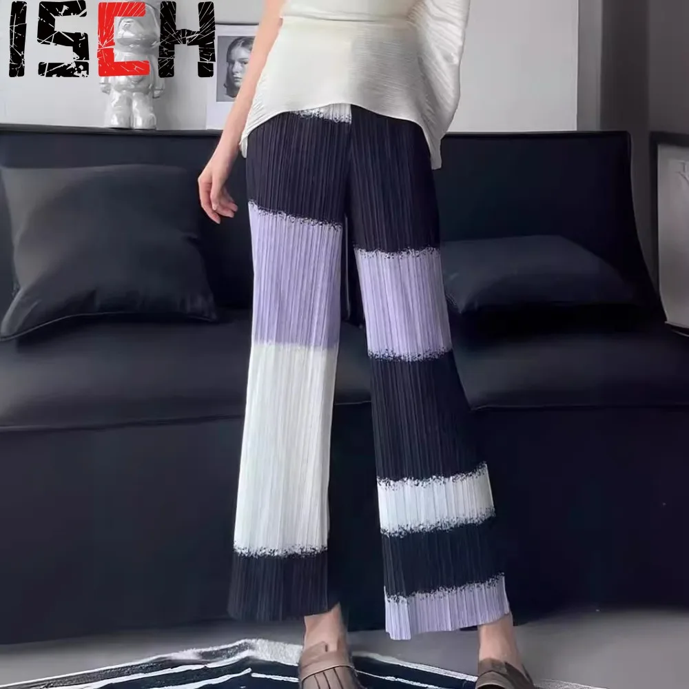 

Pleats Color Blocking Design Pleated Simple Temperament Casual Pants Loose Slim Fashion Women's Nine-minute Pants Summer 2024new