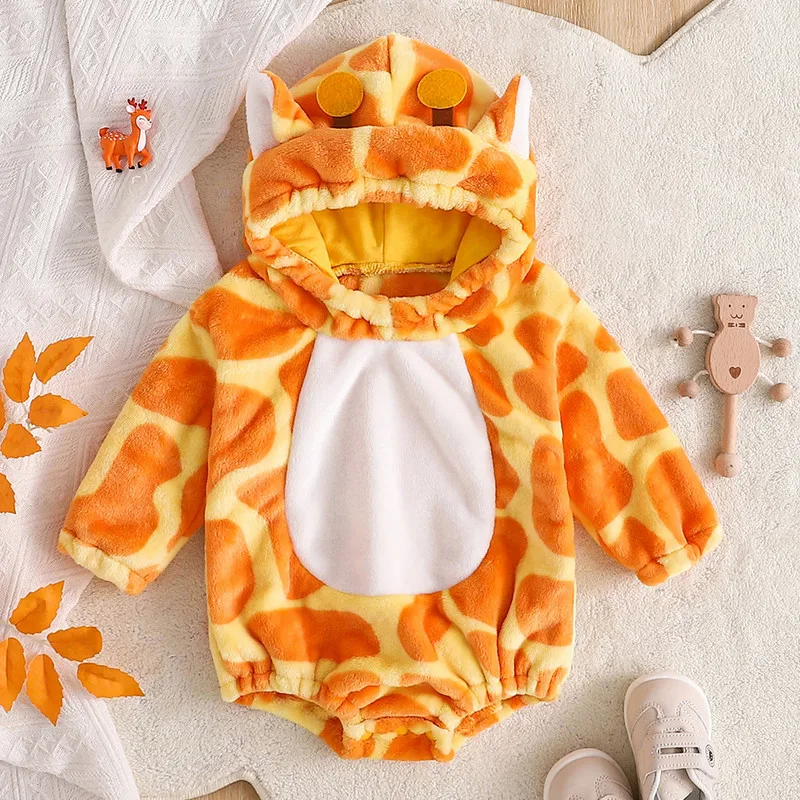 RUEWEY 1 to 24 Months Baby Boys Girls Cartoon Bodysuit Animal Costume Flannel Role Play Hooded Long Sleeve Pajamas Jumpsuits