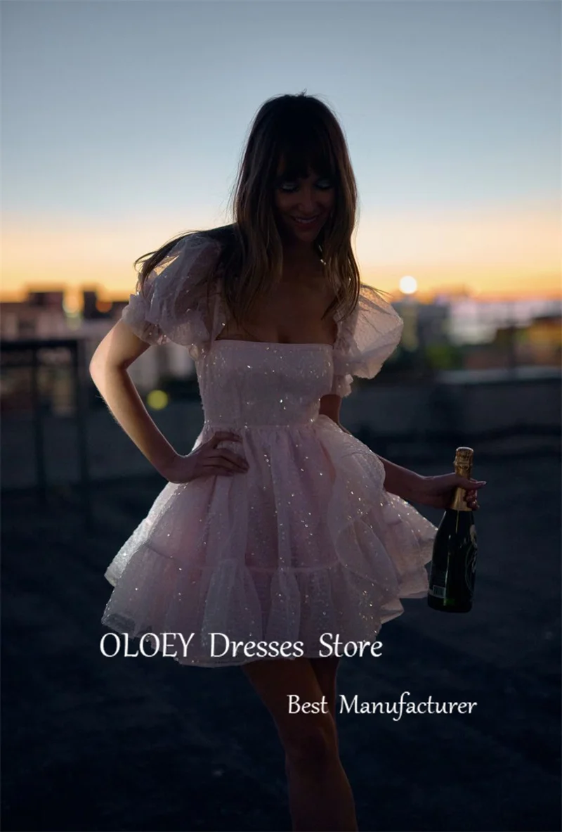 OLOEY Sparkly Baby Pink Short Prom Party Dresses Puff maniche corte Mini Shiny Cocktail Dress Christmas Birthday Dress 2024