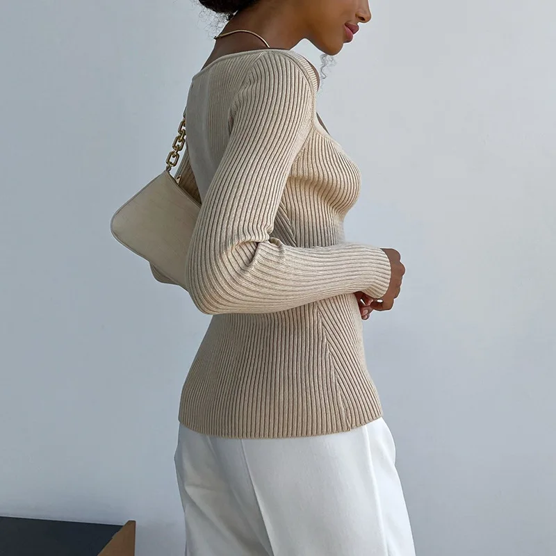 Cryptographic Square Collar Elegant Women Tops Fashion Knit Long Sleeve Top Tees Slim Office Lady Casual Spring Autumn Clothes