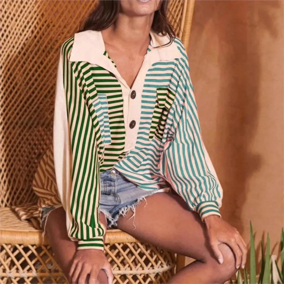 

Fashion Printed Striped Polo Shirt Lapel Long-sleeved Women's Top Autumn New Casual Loose Retro And Versatile Female Tops 2025