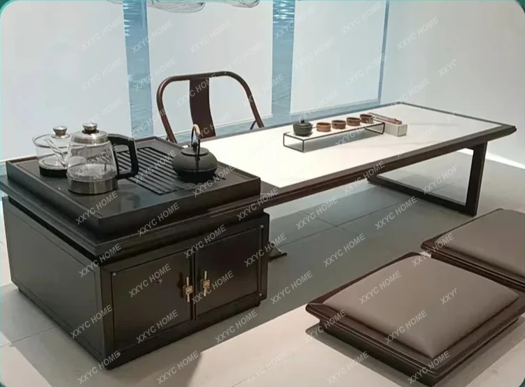 X-S New Chinese style all solid wood sitting tea table tatami kang table zen ebony rock slab long low tea table HG