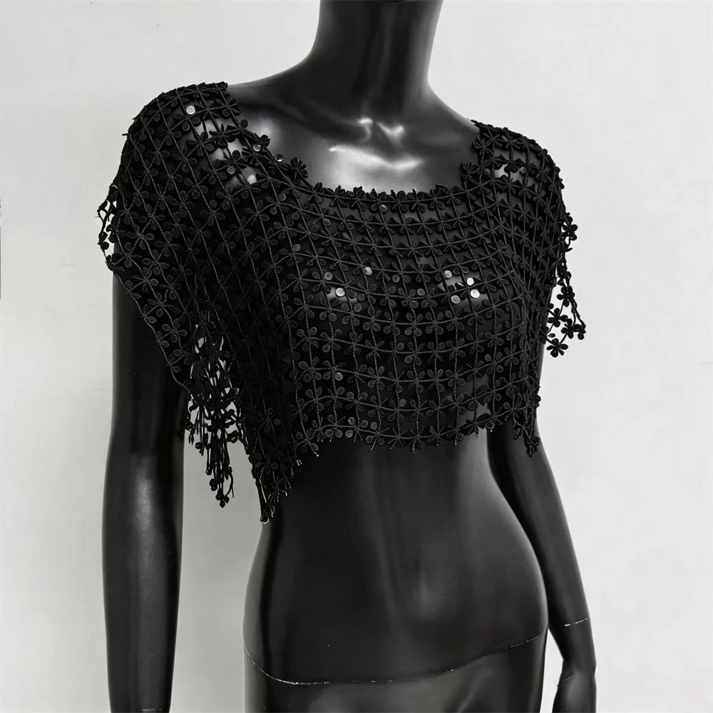 Damen Acryl-Pailletten Mesh Crop Tops Sexy Ausgehöhlt Durchsichtig Handgefertigtes Patchwork T-Shirt Rave Festival Party Tanktops – Detail 15