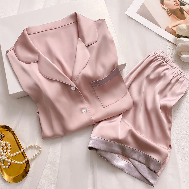 Fashion Summer Ice Silk Pajamas Women\'s Sweet Wind New High-value Cool Short-sleeved Loungewear Set Pink Solid Cool Summer Pjs