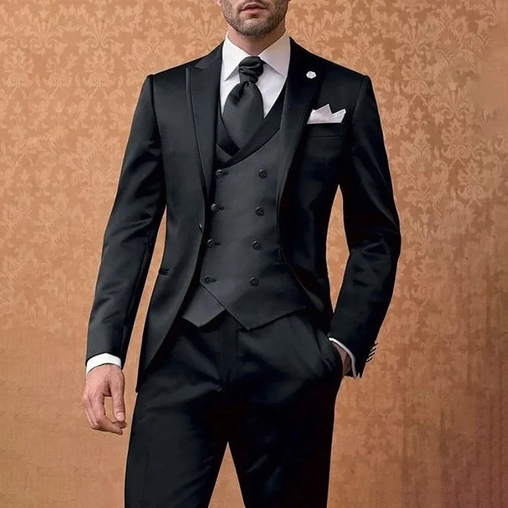 

Formal Black Men's Suits Luxury One-Button Slim Fit Wedding 3 Piece Jacket Pants Vest Fashion Wedding Male Clothing Outfits